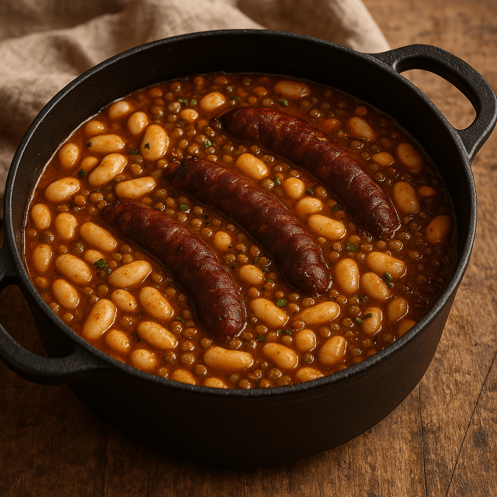 Marmite en fonte contenant des haricot Soisson au Figatellu